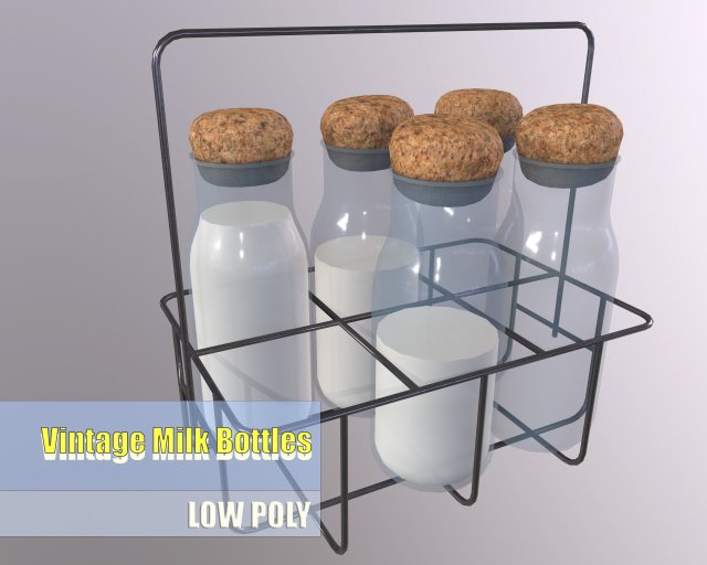 Vintage Dairy Delights Milk Bottles in a Metal Basket Low-poly Model 3D .c4d .max .obj .3ds .fbx .stl .blend 