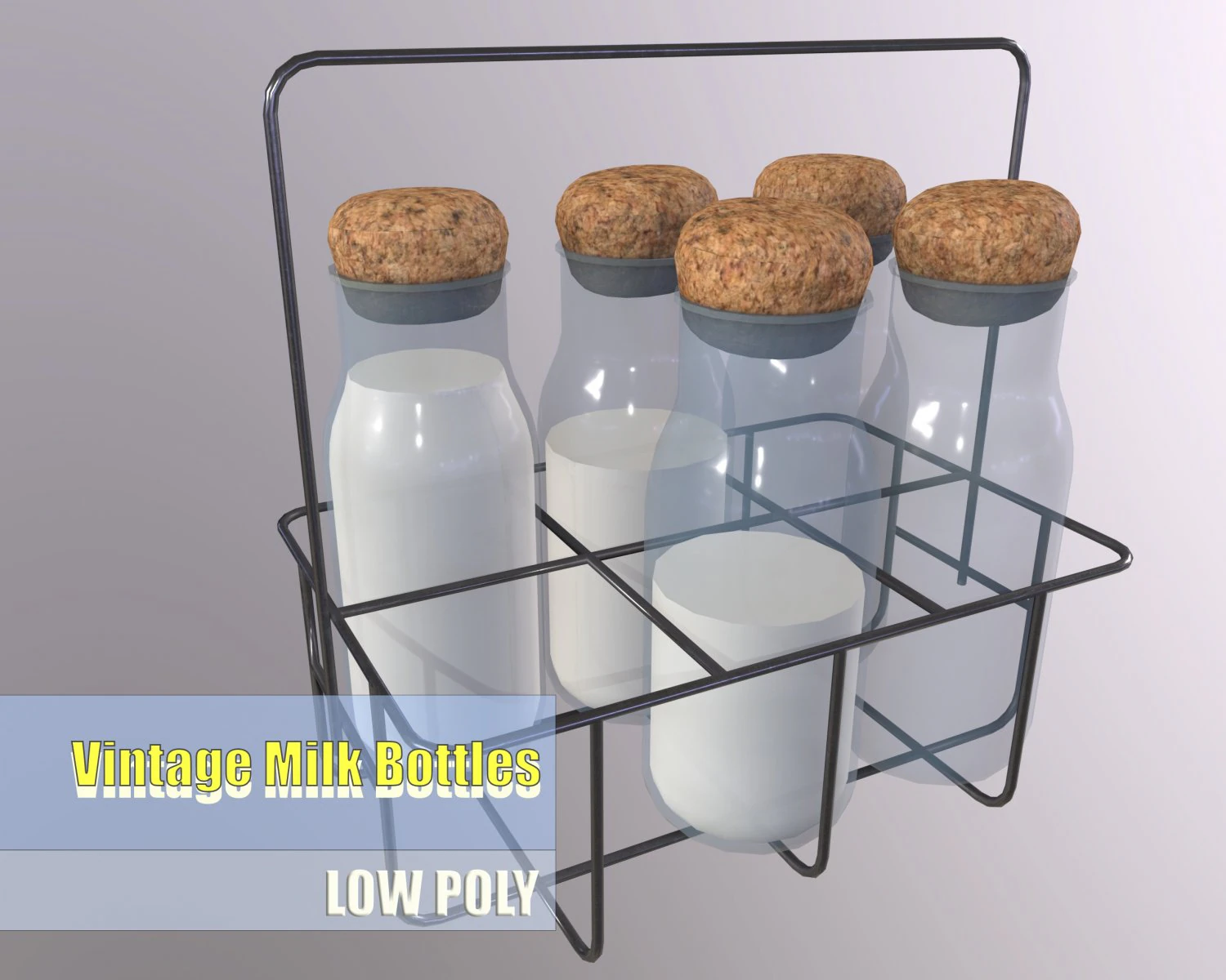Vintage Dairy Delights Milk Bottles in a Metal Basket Low-poly 3D Model .c4d .max .obj .3ds .fbx .stl .blend 