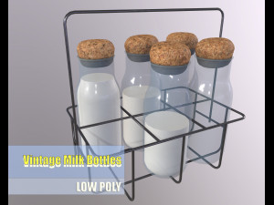 Vintage Dairy Delights Milk Bottles in a Metal Basket Low-poly 3D Model