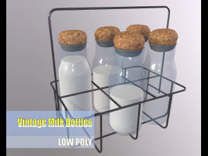 Вінтажні пляшки з молоком Dairy Delights у металевому кошику 3D Модель