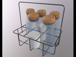 Vintage Dairy Delights Milk Bottles in a Metal Basket Low-poly Model 3D