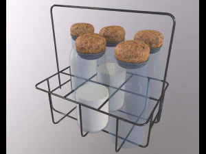 Vintage Dairy Delights Milk Bottles in a Metal Basket Low-poly 3D Model