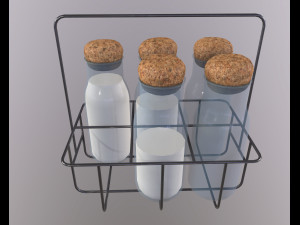 Vintage Dairy Delights Milk Bottles in a Metal Basket Low-poly Model 3D