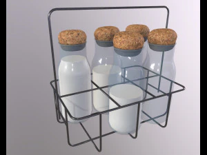 Vintage Dairy Delights Milk Bottles in a Metal Basket Low-poly 3D Model