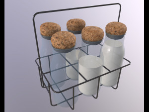 Vintage Dairy Delights Milk Bottles in a Metal Basket Low-poly Model 3D