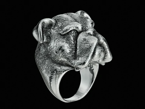 Anel de prata com cabe&ccedil;a de buldogue pronto para imprimir modelo Modelo de Impressão 3D