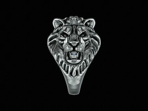 Anel de prata com cabe&ccedil;a de le&atilde;o pronto para imprimir modelo Modelo de Impressão 3D