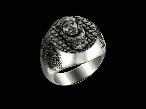 Anel de prata com cabe&ccedil;a de le&atilde;o pronto para imprimir Modelo de Impressão 3D