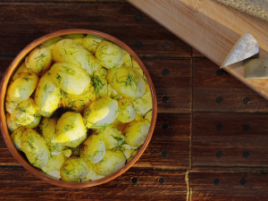 Boiled potato with fresh dill in a ceramic bowl 3D Model