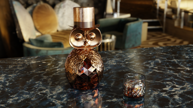 Owl head crystal bottle with golden wings and a glass 3D Model .c4d .max .obj .3ds .fbx .stl .blend 