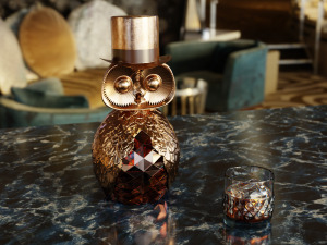 Owl head crystal bottle with golden wings and a glass 3D Model