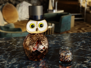 Owl head crystal bottle with golden wings and a glass 3D Model