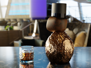 Owl head crystal bottle with golden wings and a glass 3D Model