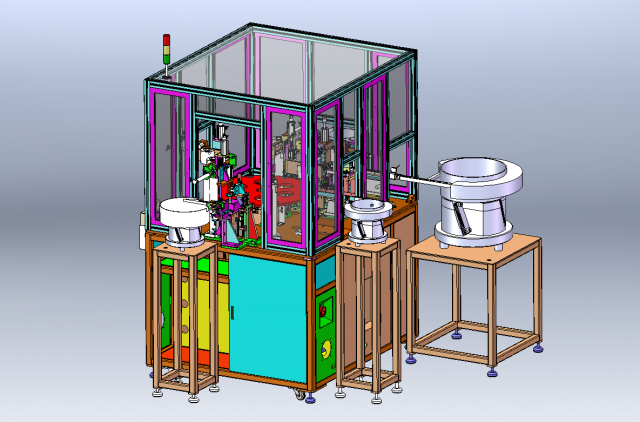 Custom Assembly Equipment with Robotic Arm Vibratory Disk Turntable 3D Model .c4d .max .obj .3ds .fbx .stl .blend 