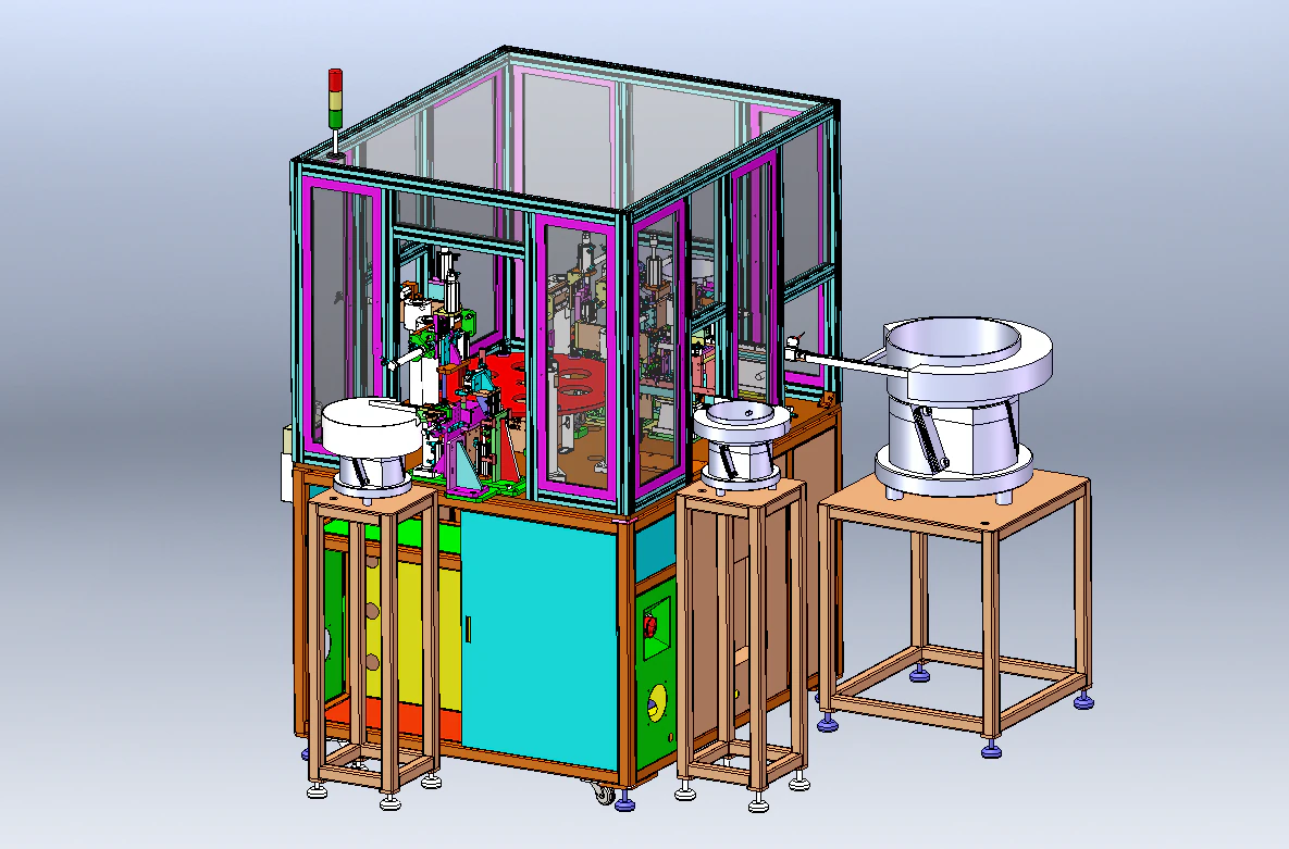 Custom Assembly Equipment with Robotic Arm Vibratory Disk Turntable 3D Model .c4d .max .obj .3ds .fbx .stl .blend 