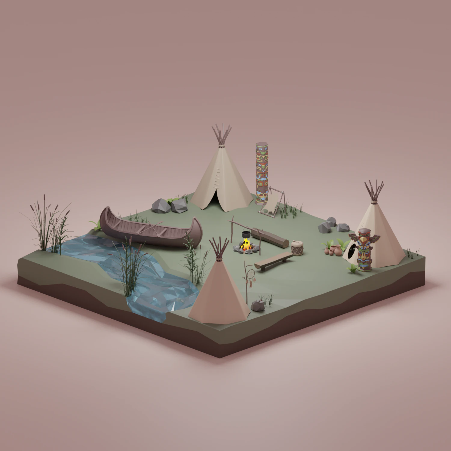 Native American village 3D Model .c4d .max .obj .3ds .fbx .stl .blend