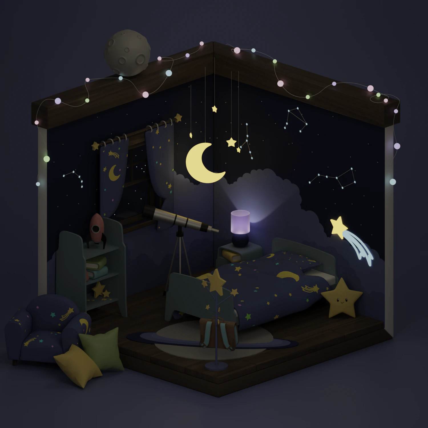 Galaxy kid bedroom 3D Model .c4d .max .obj .3ds .fbx .stl .blend 