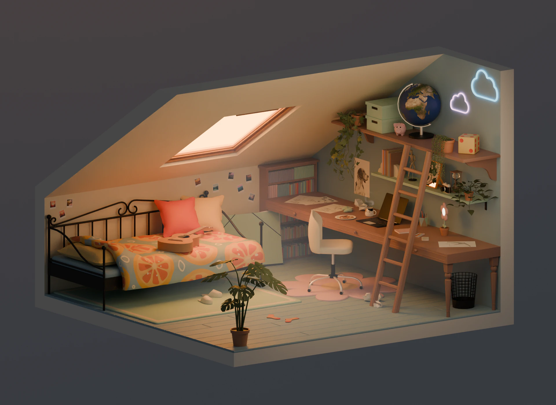 Attic bedroom 3D Model .c4d .max .obj .3ds .fbx .stl .blend 