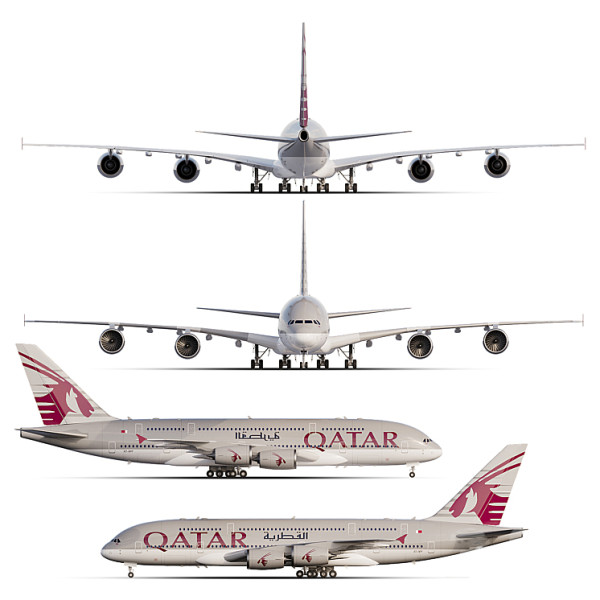 Airbus A380-800 wide-body double-deck turbojet passenger aircraft QATAR AIRWAYS 3D Model .c4d .max .obj .3ds .fbx .stl .blend 