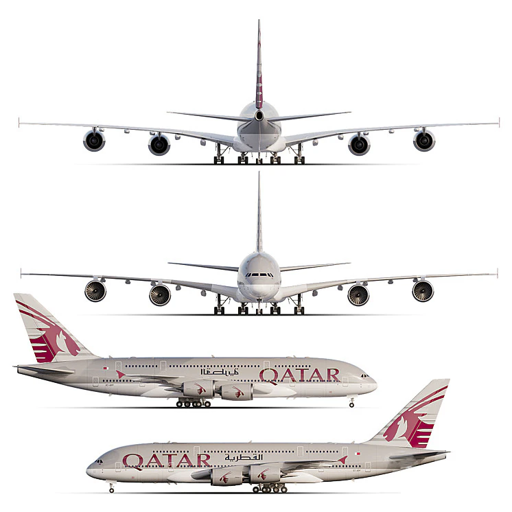 Airbus A380-800 wide-body double-deck turbojet passenger aircraft QATAR AIRWAYS 3D Model .c4d .max .obj .3ds .fbx .stl .blend 