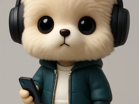 Perro esponjoso lindo de dibujos animados en 3D con auriculares Modelo de impresión 3D