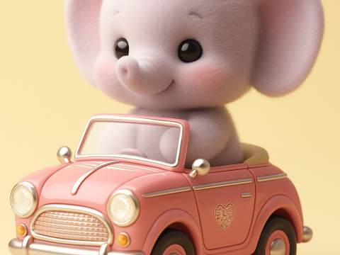 Kawaii Elephant in Vintage Car 3D Print Model