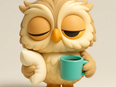 コーヒーを飲みながら眠そうなフクロウ 3Dプリントモデル