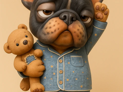 Buldogue francês sonolento de pijama segurando um ursinho Modelo de Impressão 3D