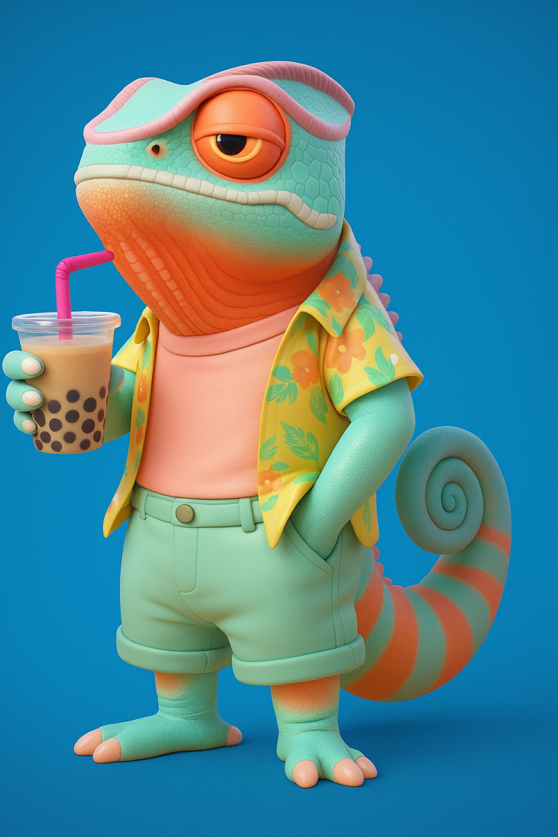 Cool Chameleon Drinking Boba Tea 3D 打印模型 .c4d .max .obj .3ds .fbx .stl .blend 