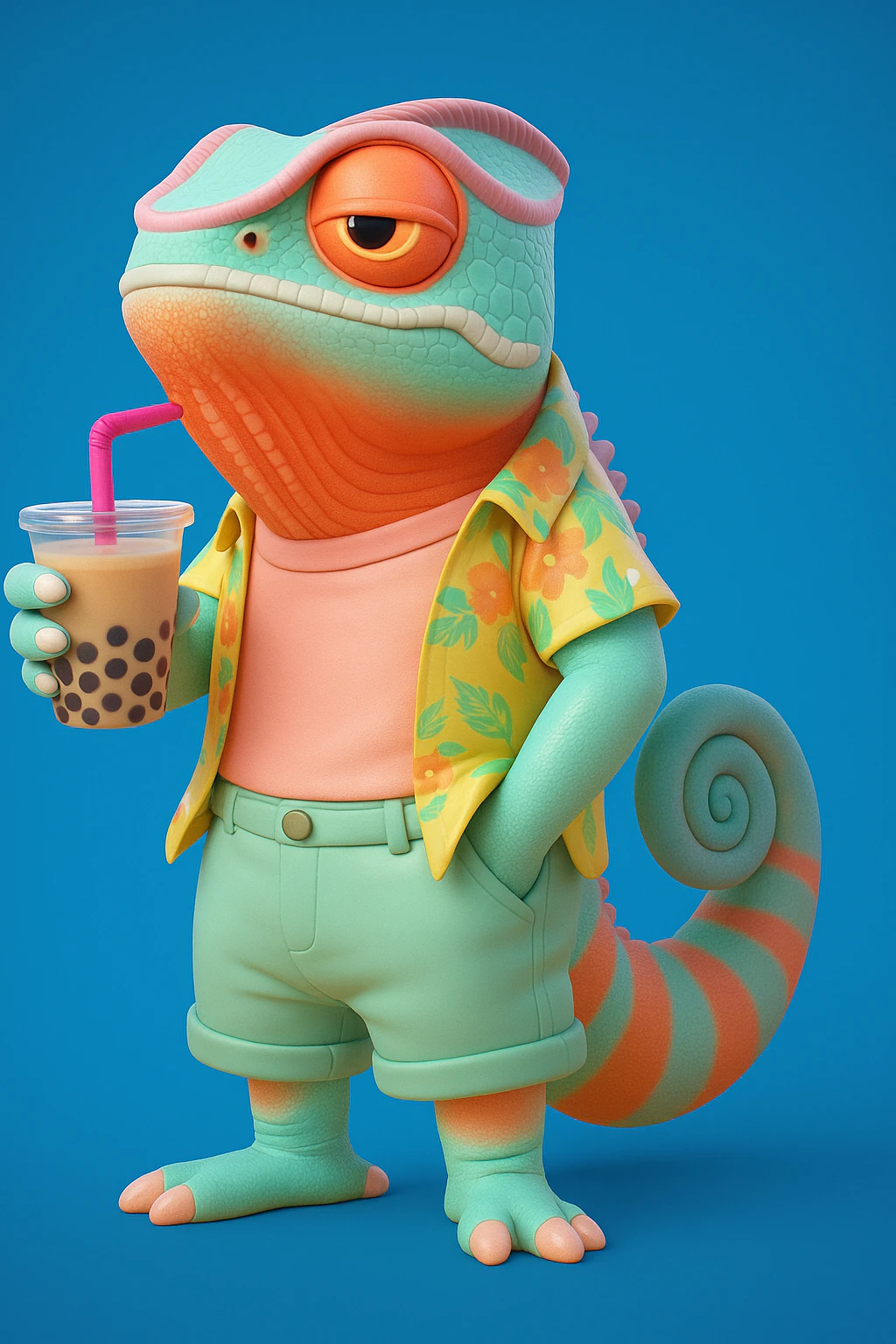 Cool Chameleon Drinking Boba Tea 3D Print Model .c4d .max .obj .3ds .fbx .stl .blend