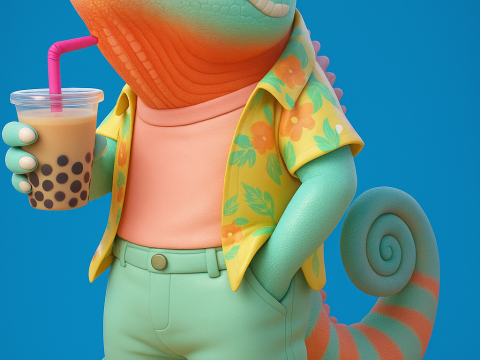 Cool Chameleon Drinking Boba Tea Model do druku 3D