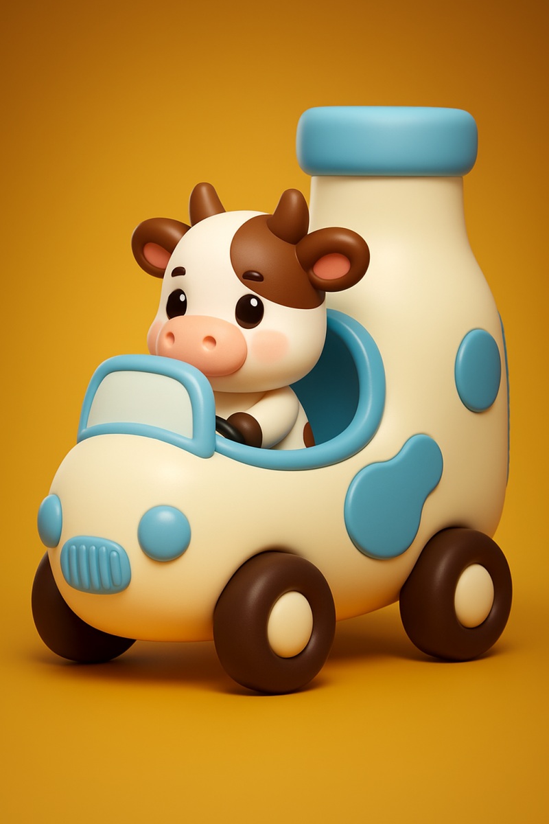 Cartoon Cow in Milk Bottle Car 3D Принт Модель .c4d .max .obj .3ds .fbx .stl .blend