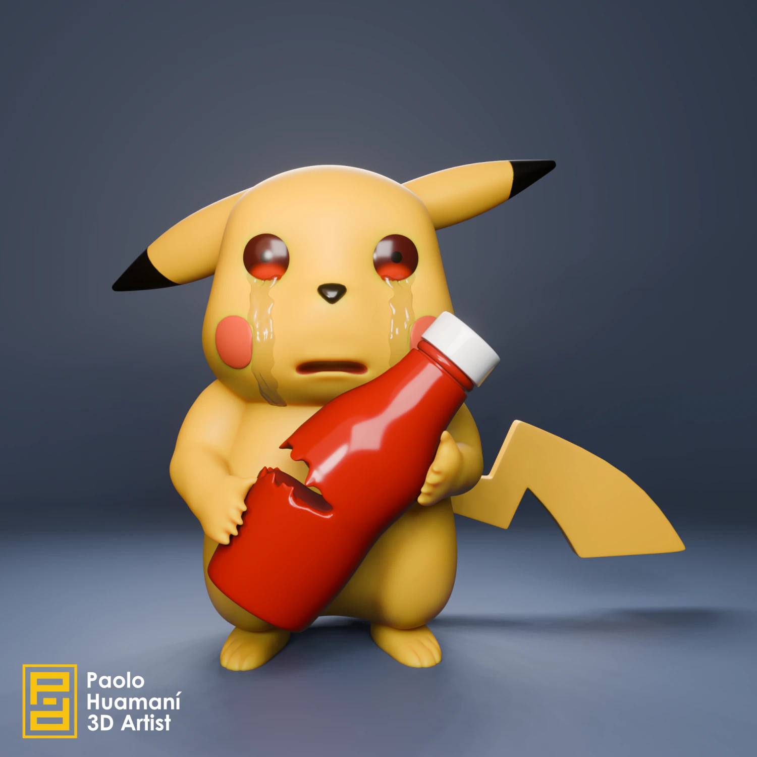 Sad Pikachu with Ketchup 3D Print Model .c4d .max .obj .3ds .fbx .stl .blend