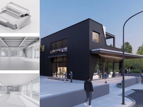 Sala de exposici&oacute;n con cafeter&iacute;a Modelo 3D