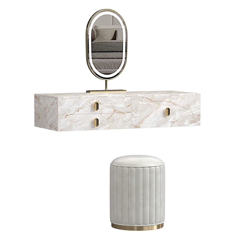 Modern White Floating Makeup Vanity Set Dressing Table with LED Mirror Leather Stool by HOMARY 3D Model .c4d .max .obj .3ds .fbx .stl .blend 
