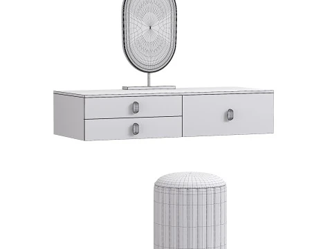 Tavolo da toeletta moderno bianco sospeso per trucco con specchio a LED e sgabello in pelle a specchio di HOMARY Modello 3D