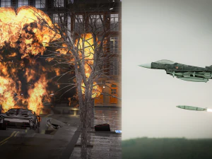 Animação 3D de um caça a jato lança um míssil contra um carro Modelo 3D