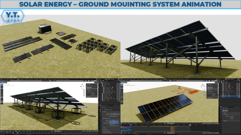 Solar Energy - Ground Mounting System Installation Animation Model 3D .c4d .max .obj .3ds .fbx .stl .blend