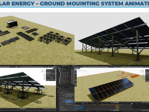 太陽エネルギー - 地上設置システムの設置アニメーション 3Dモデル