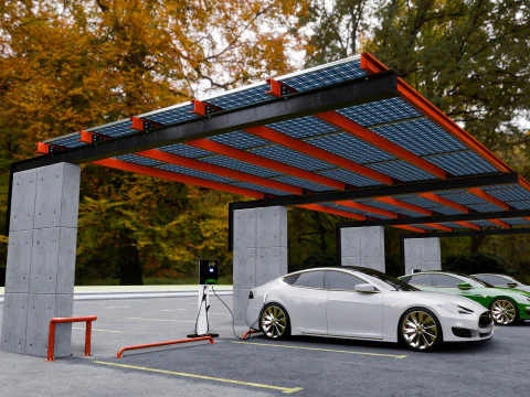 Concrete Column Solar Carport L Type for 6 Cars 3D Model