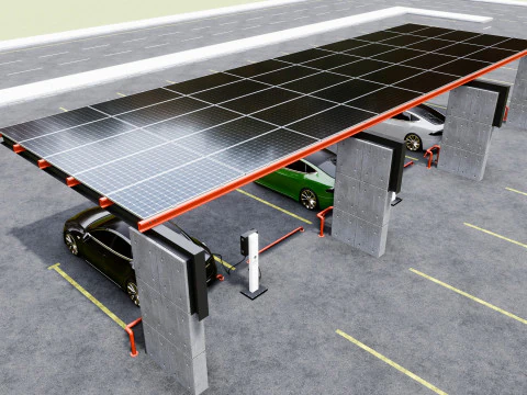 Concrete Column Solar Carport L Type for 6 Cars 3D Model