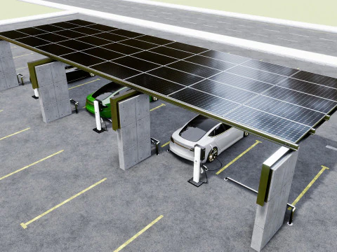 Concrete Column Solar Carport L Type for 6 Cars 3D Model
