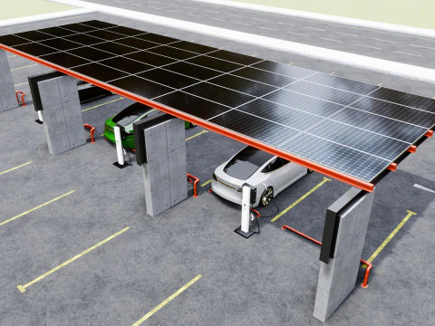 Concrete Column Solar Carport L Type for 6 Cars 3D Model