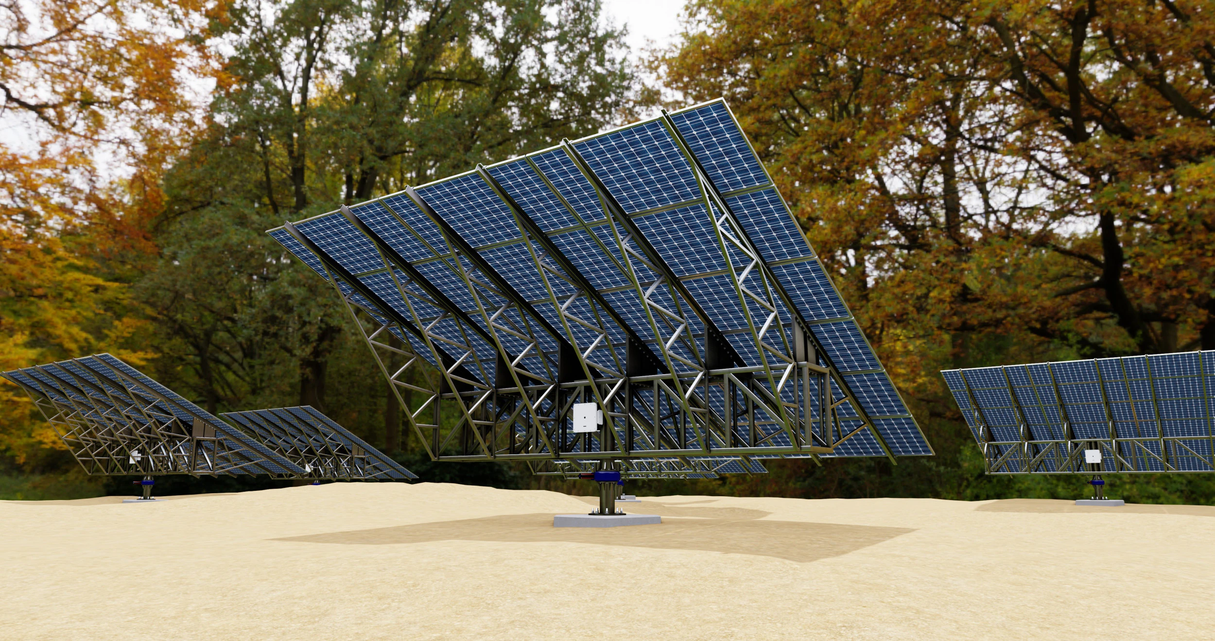 Solar Tracking Pole-3x6 Panel Layout-Five Table 3D Model .c4d .max .obj .3ds .fbx .stl .blend 