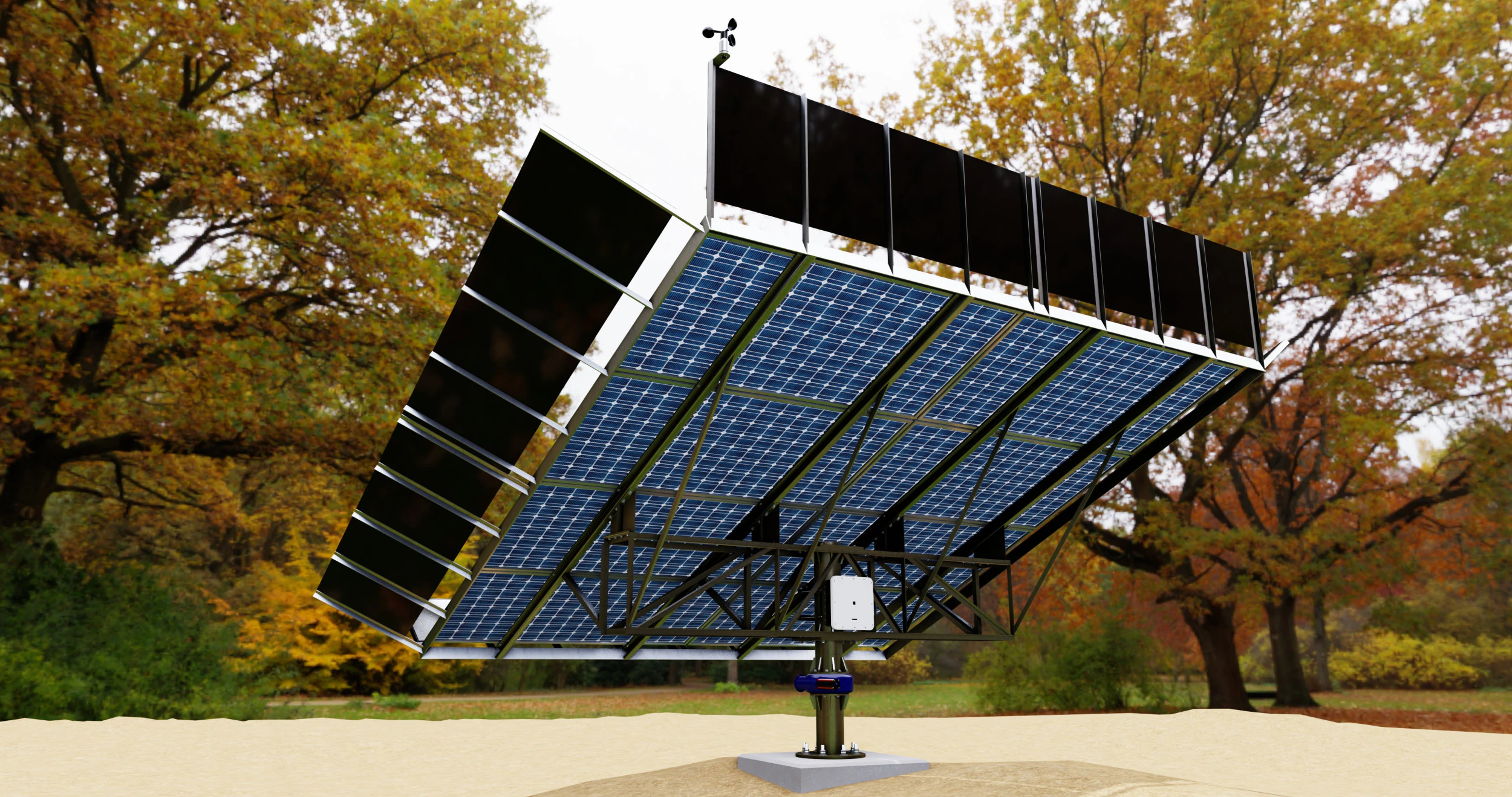 Solar Tracker Pole-2x4 Panel Layout-SOLAR-SIM V01-Mirror Supported 3D Model .c4d .max .obj .3ds .fbx .stl .blend 