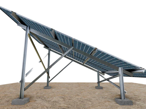 Lowpoly Ground Mounted Solar Panels-3 Rows of PV Modules 3D Model
