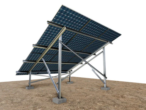 Lowpoly Ground Mounted Solar Panels-3 Rows of PV Modules 3D Model