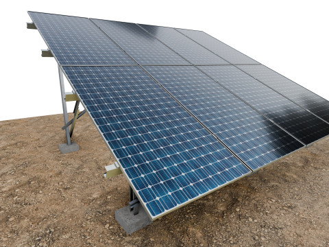 Paneles solares Lowpoly montados en el suelo: 4 filas de m&oacute;dulos fotovoltaicos Modelo 3D