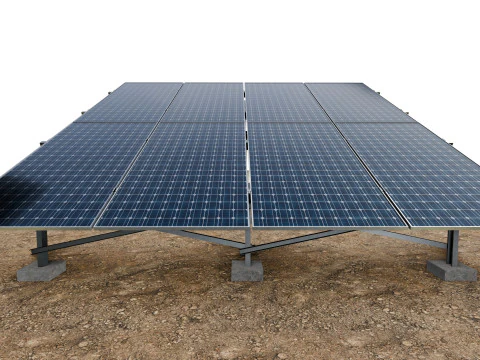 Lowpoly Ground Mounted Solar Panels-4 Rows of PV Modules 3D Model