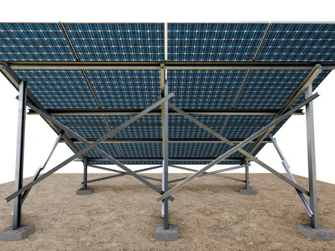 Lowpoly Ground Mounted Solar Panels-4 Rows of PV Modules 3D Model